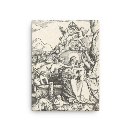 Maria met kind met acht engeltjes in een landschap