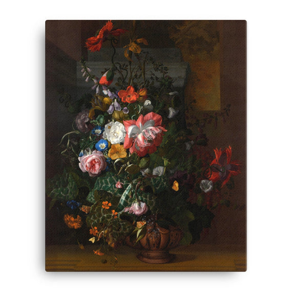 Roses, Convolvulus, Poppies, and Other Flowers in an Urn on a Stone Ledge