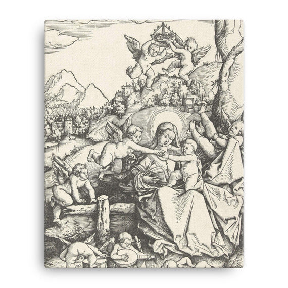 Maria met kind met acht engeltjes in een landschap